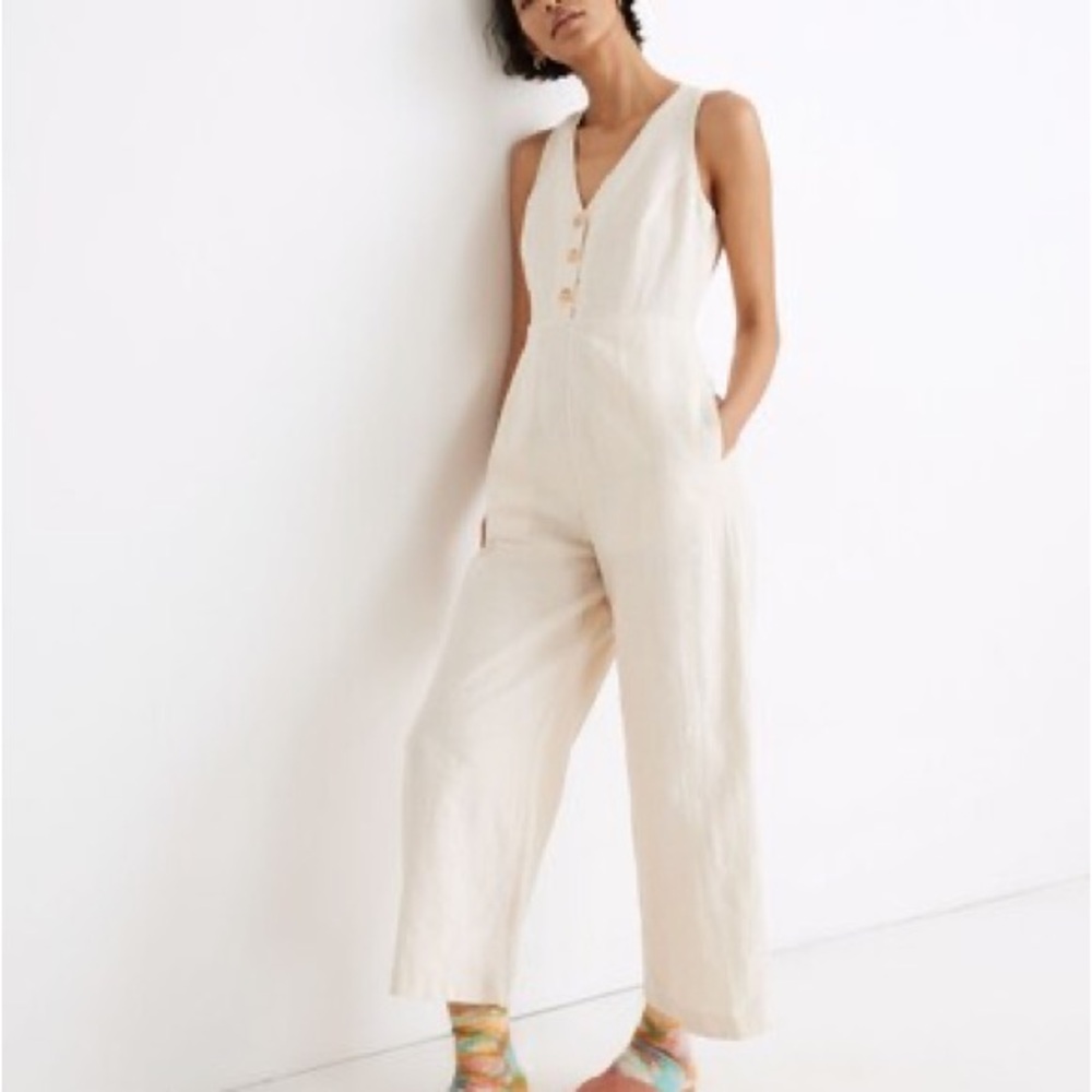 Madewell Cream Sleeveless Button-Front Jumpsuit
